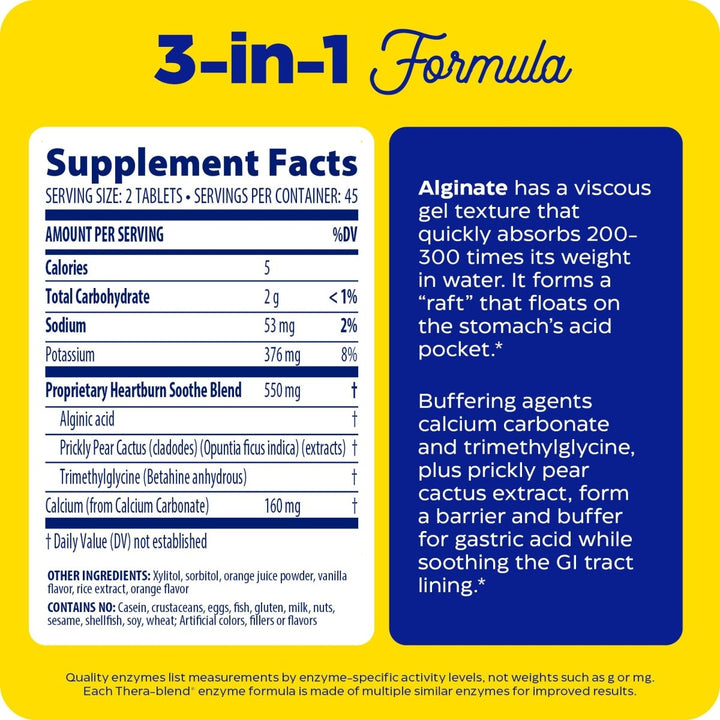 Enzymedica, Heartburn Soothe, Fast-Acting Digestive Aid, Vanilla Orange, 90 Chews (45 Servings) - Supplement Facts panel