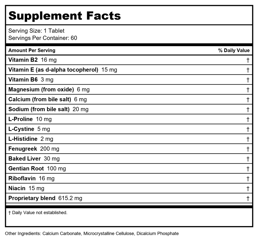 Core Level Bile - 60 Tablets by Nutri West - Supplement Facts panel