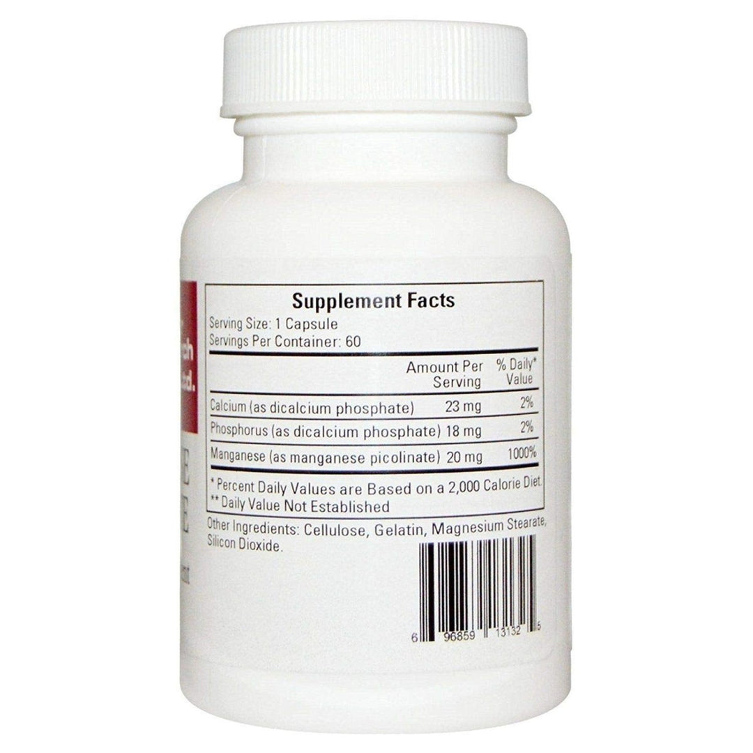 Ecological Formulas - Manganese Picolinate 20 mg 60 caps - Supplement Facts panel