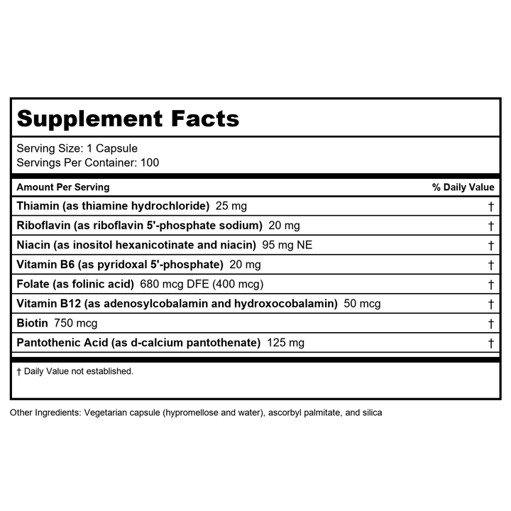 Seeking Health B Complex MF, Methyl-Free Forms of Folate and Vitamin B12, Healthy Energy, Immune System, Mood, and Memory Support, Vegan and Vegetarian (100 Capsules)* - Supplement Facts panel