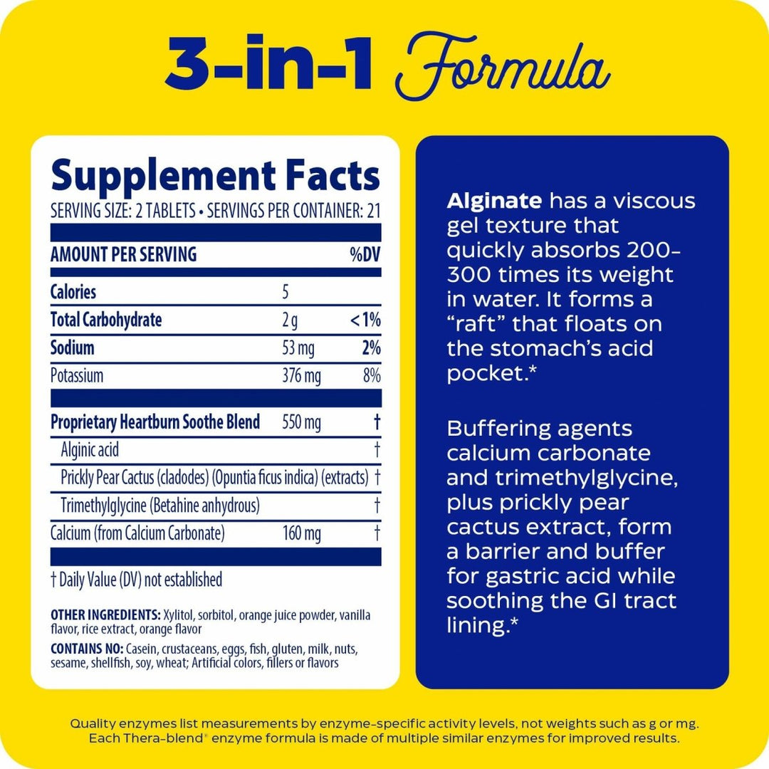 Enzymedica, Heartburn Soothe, Fast-Acting Digestive Aid, Vanilla Orange, 42 Chews (21 Servings) - Supplement Facts panel