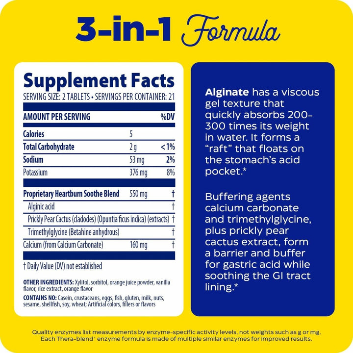 Enzymedica, Heartburn Soothe, Fast-Acting Digestive Aid, Vanilla Orange, 42 Chews (21 Servings) - Supplement Facts panel