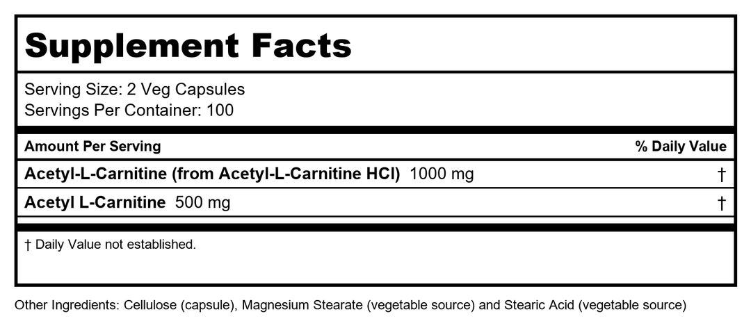 NOW Foods Acetyl L-Carnitine 500mg - 200 ct (Pack of 2) - Supplement Facts panel