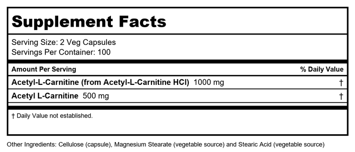 NOW Foods Acetyl L-Carnitine 500mg - 200 ct (Pack of 2) - Supplement Facts panel