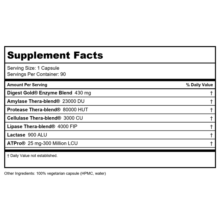 Enzymedica Digest Gold + ATPro, Maximum Strength, Fast-Acting, Helps Digest Large Meals, Prevents Bloating and Gas, 90 Count (FFP) - Supplement Facts panel