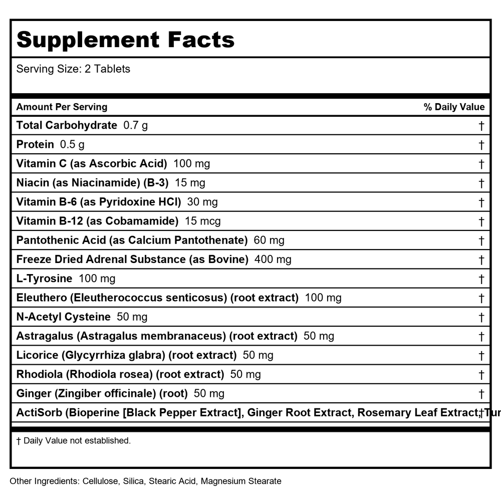 KAL Adrenal Vitality Tablets, 60 Count - Supplement Facts panel