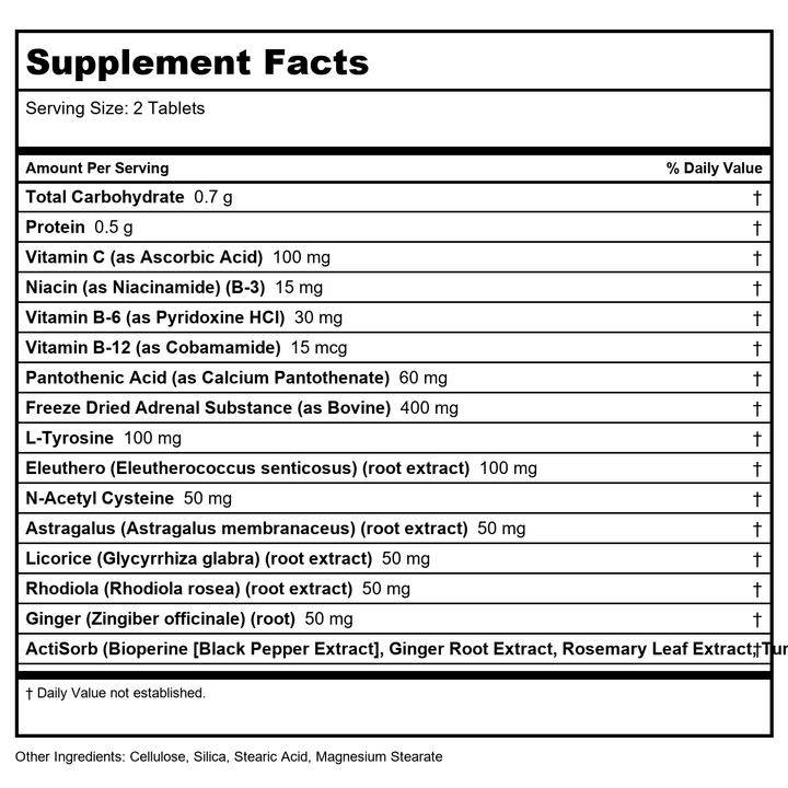 KAL Adrenal Vitality Tablets, 60 Count - Supplement Facts panel