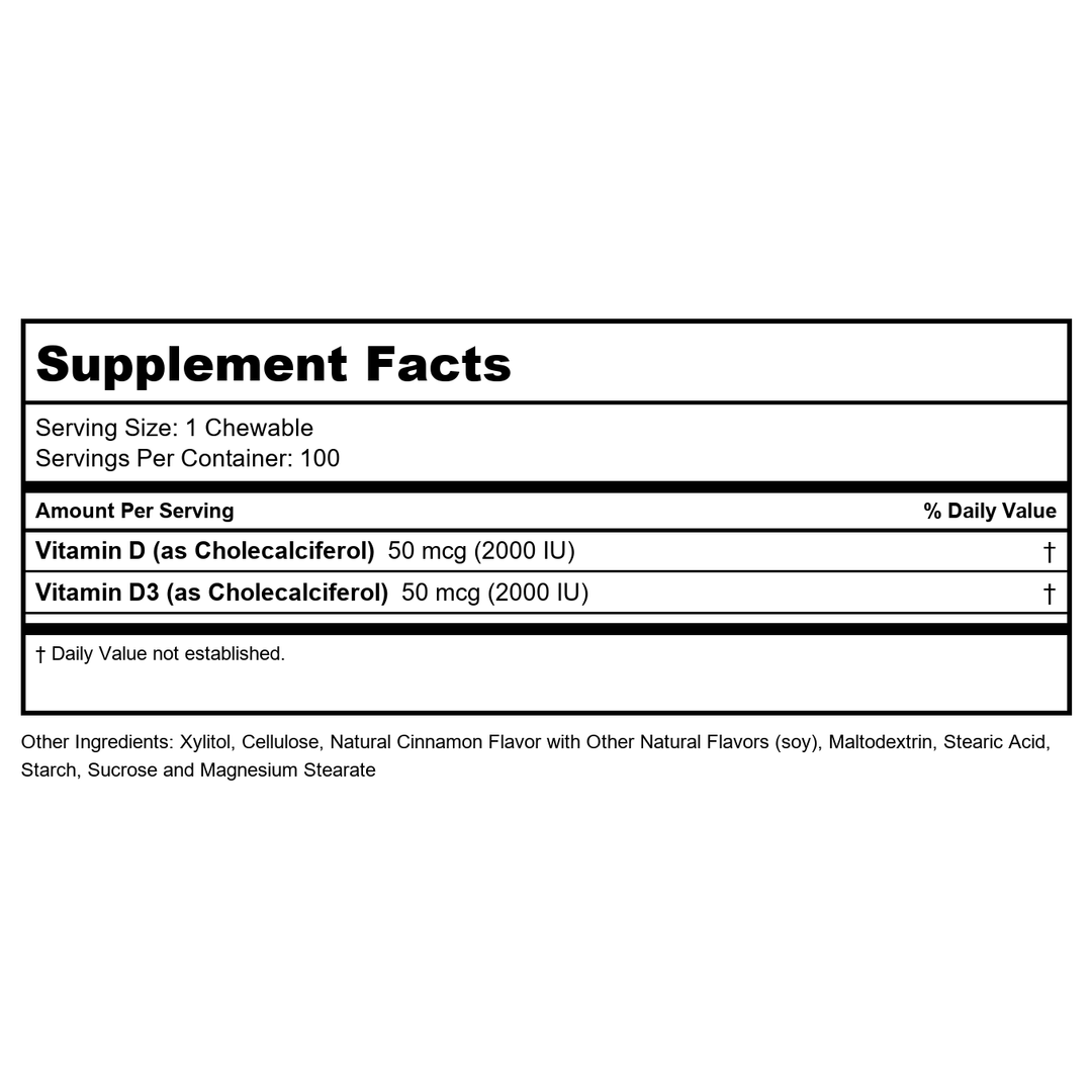 KAL Vitamin D3 Chewables 50 mcg, Vitamin D 2000 IU as Cholecalciferol, Sugar Free, Natural Cinnamon Flavor D3 Vitamin, Immune Support &amp; Bone Health, 100 Servings, 100 Chewables - Supplement Facts panel