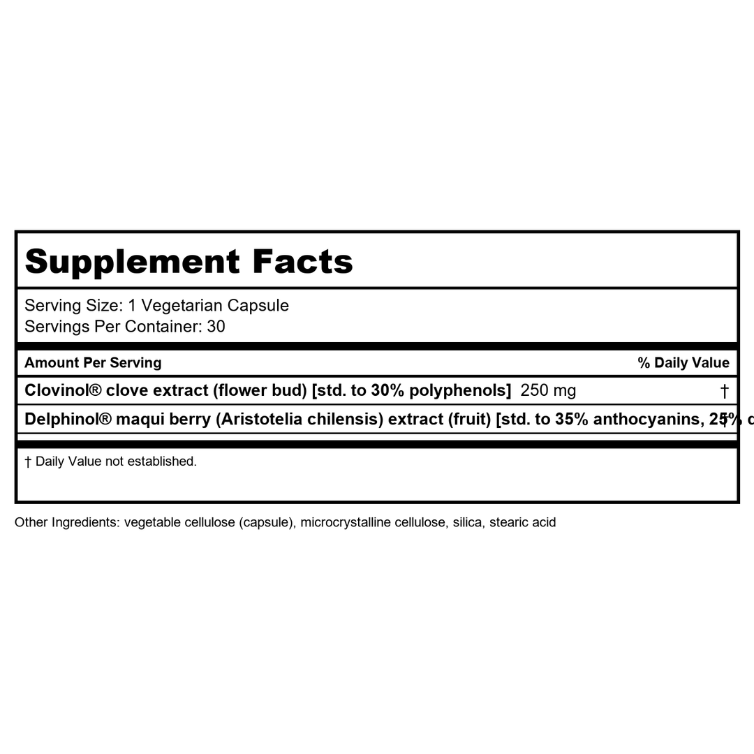 Life Extension Glycemic Guard�, Clove Extract, Maqui Berry (Aristotelia chilensis), Helps Maintain Already Healthy glycemic Balance, Vegetarian, Gluten-Free, 1-Daily, Non-GMO, 30 Capsules - Supplement Facts panel