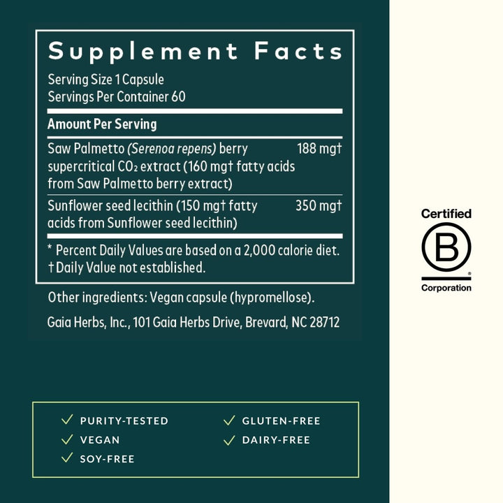Gaia Herbs Saw Palmetto - Supports Healthy Prostate Function for Men - Contains Saw Palmetto and Sunflower Seed Lecithin to Support Men’s Health - 60 Vegan Liquid Phyto-Capsules (30-Day Supply) - Supplement Facts panel