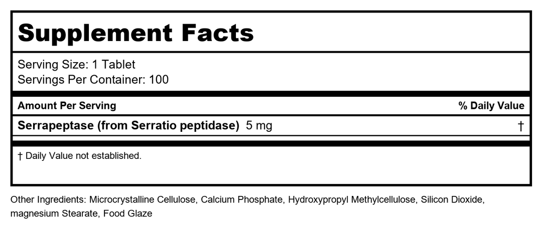 Cardiovascular Resarch Serraflazyme Serrapeptase Enzymes 200 Stay Fresh Enteric Coated 5 mg Tablets (100 x 2 Packs) - Supplement Facts panel