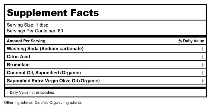 Earthley Wellness Laundry Detergent, Natural, Gentle &amp; Effective for Sensitive Skin, Safe for Baby Clothes &amp; Cloth Diapers, Biodegradable, Eco-Friendly, Plant-Based Cleaners (60 Loads, Unscented) - Supplement Facts panel