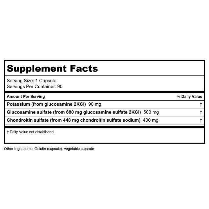 Life Extension Glucosamine/Chondroitin Capsules for Healthy Joints and Cartilage, Non-GMO, Gluten-Free, 90 Capsules - Supplement Facts panel