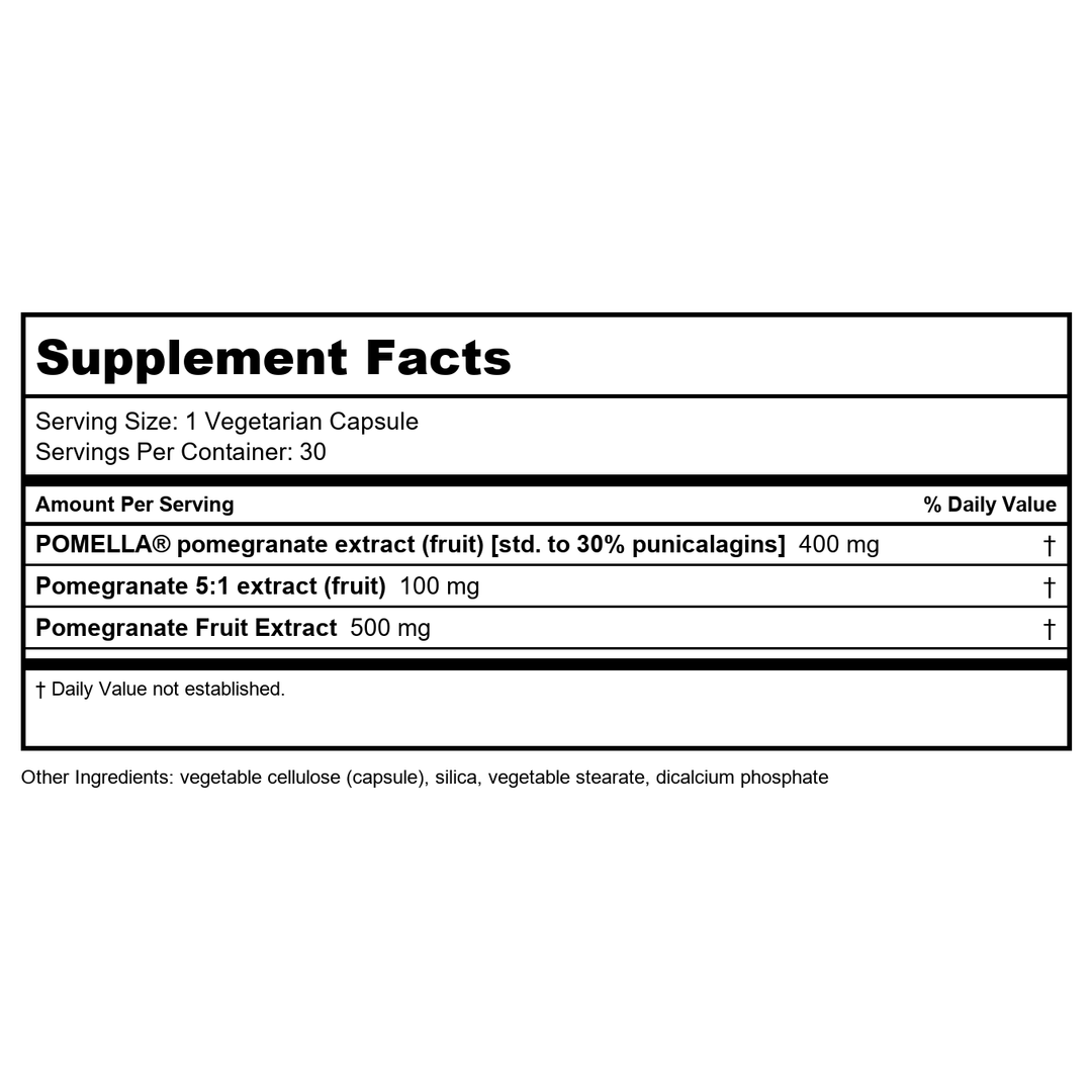 Life Extension Pomegranate Fruit Extract, 500 mg, antioxidant polyphenols for Cardiovascular Health, superfood, Gluten Free, Non-GMO, Vegetarian, 30 Capsules - Supplement Facts panel