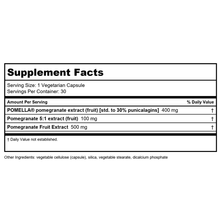 Life Extension Pomegranate Fruit Extract, 500 mg, antioxidant polyphenols for Cardiovascular Health, superfood, Gluten Free, Non-GMO, Vegetarian, 30 Capsules - Supplement Facts panel