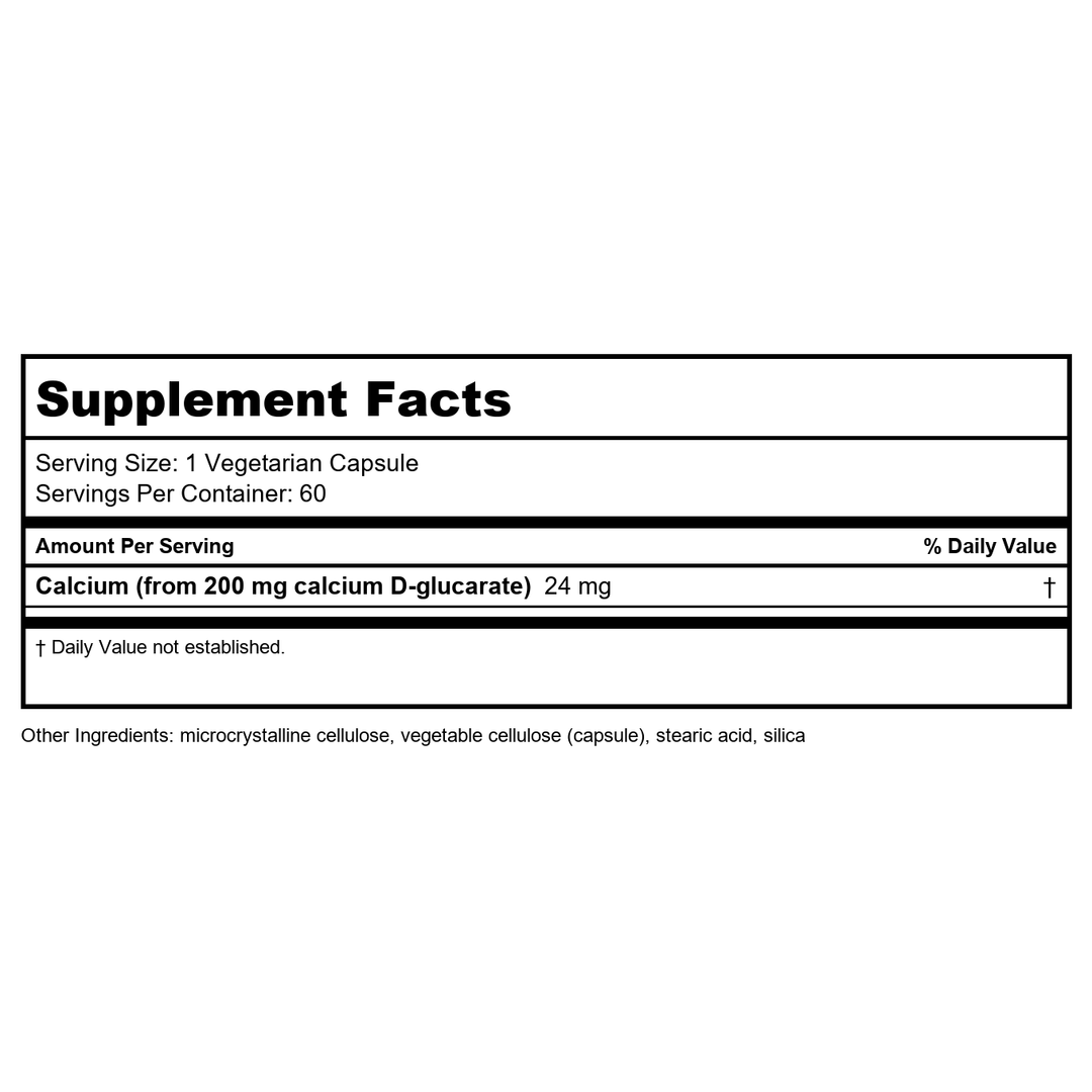 Life Extension Calcium D-Glucarate, 200 mg - Supports Detoxification, Helps Flush Out Unwanted Compounds � Gluten-Free, Non-GMO, Vegetarian � 60 Capsules - Supplement Facts panel