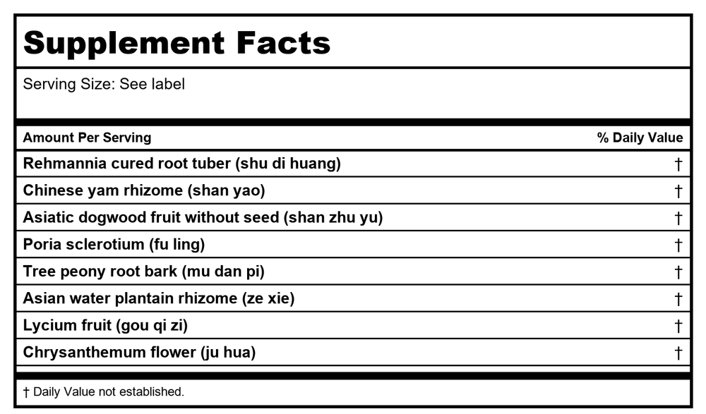 Sun Ten - Lycium, Chrysanthemum & Rehmannia Formula Capsules/Qi Ju Di Huang Wan/杞菊地黃丸 - Supplement Facts panel