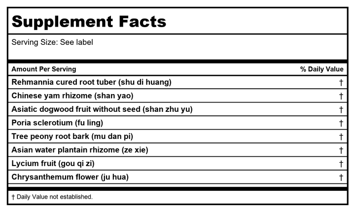 Sun Ten - Lycium, Chrysanthemum &amp; Rehmannia Formula Capsules/Qi Ju Di Huang Wan/杞菊地黃丸 - Supplement Facts panel