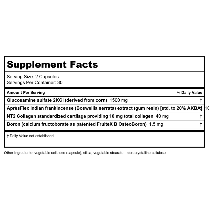 Life Extension ArthroMax� Advanced NT2 Collagen� &amp; Apr�sFlex�, glucosamine sulfate, Boswellia (Indian frankincense), joint health, mobility, gluten-free, non-GMO, 60 capsules - Supplement Facts panel