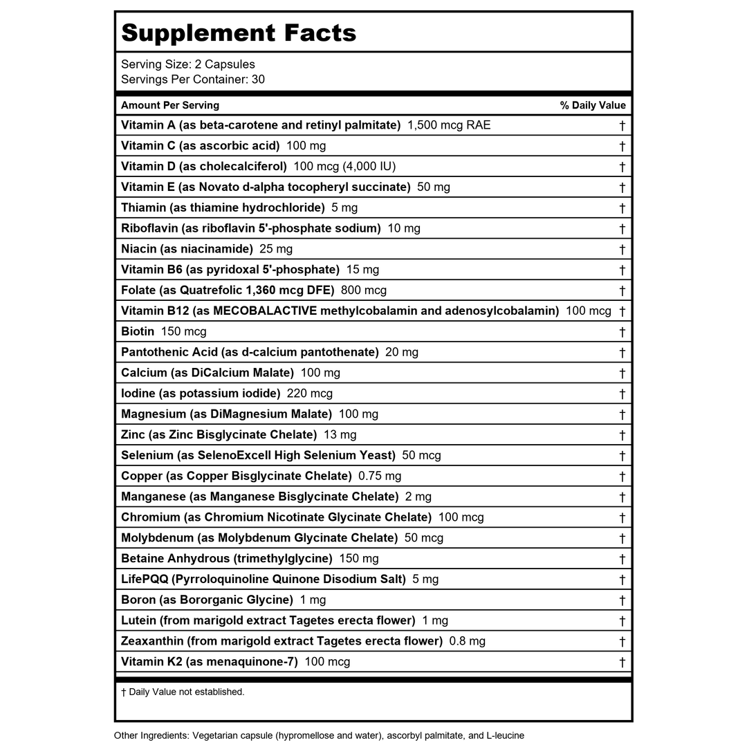 Seeking Health Prenatal Essentials, Methylated Bioavailable Folate and B12, Vitamin D3 and K2, Key Nutrients to Support Pregnancy and Breastfeeding, Vegetarian (60 Capsules)* - Supplement Facts panel