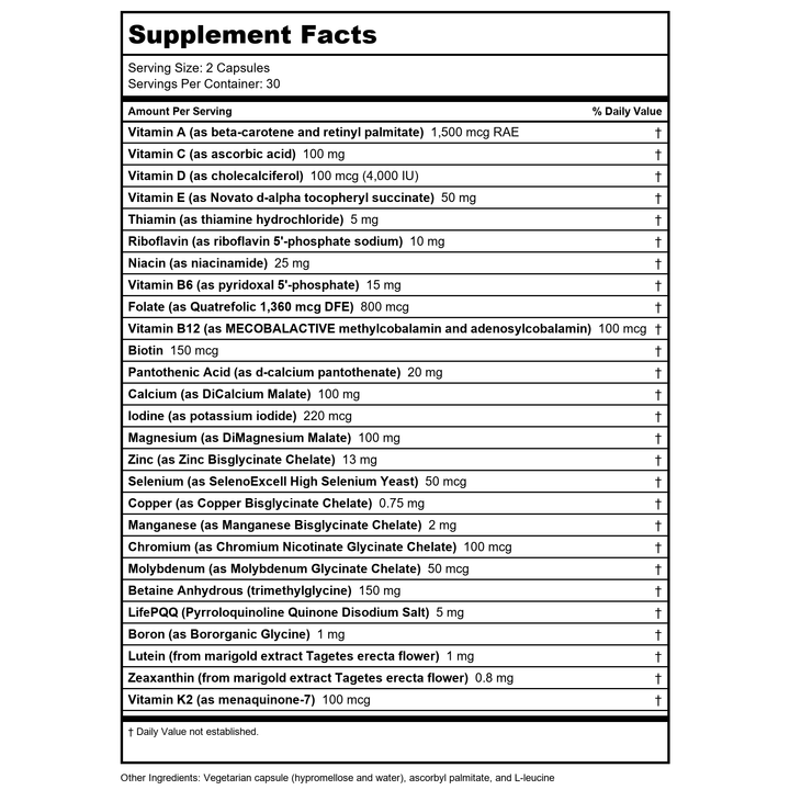 Seeking Health Prenatal Essentials, Methylated Bioavailable Folate and B12, Vitamin D3 and K2, Key Nutrients to Support Pregnancy and Breastfeeding, Vegetarian (60 Capsules)* - Supplement Facts panel