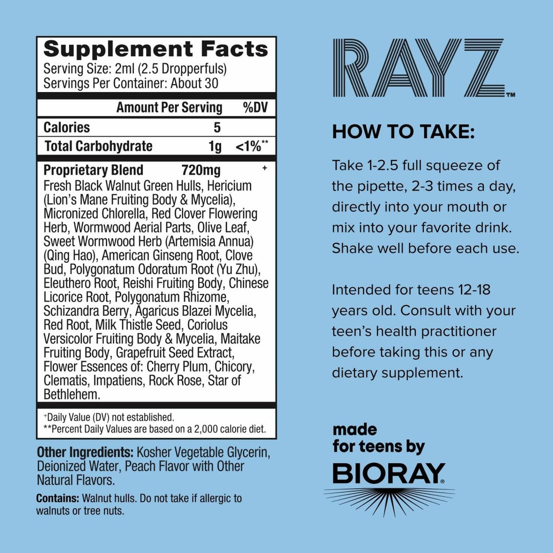 BIORAY RAYZ Life is Peachy, Peach Flavor - 2 fl oz - for Teens 12-18 Years Old - Supplement Facts panel