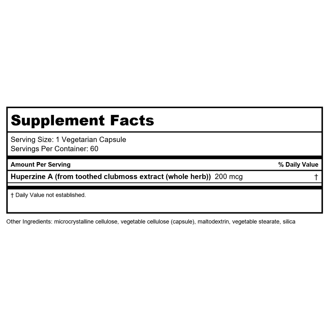 Life Extension Huperzine A, Memory Health, Cognitive Health, Chinese Club Moss Extract, Gluten-Free, Non-GMO, Vegetarian, 60 Capsules - Supplement Facts panel