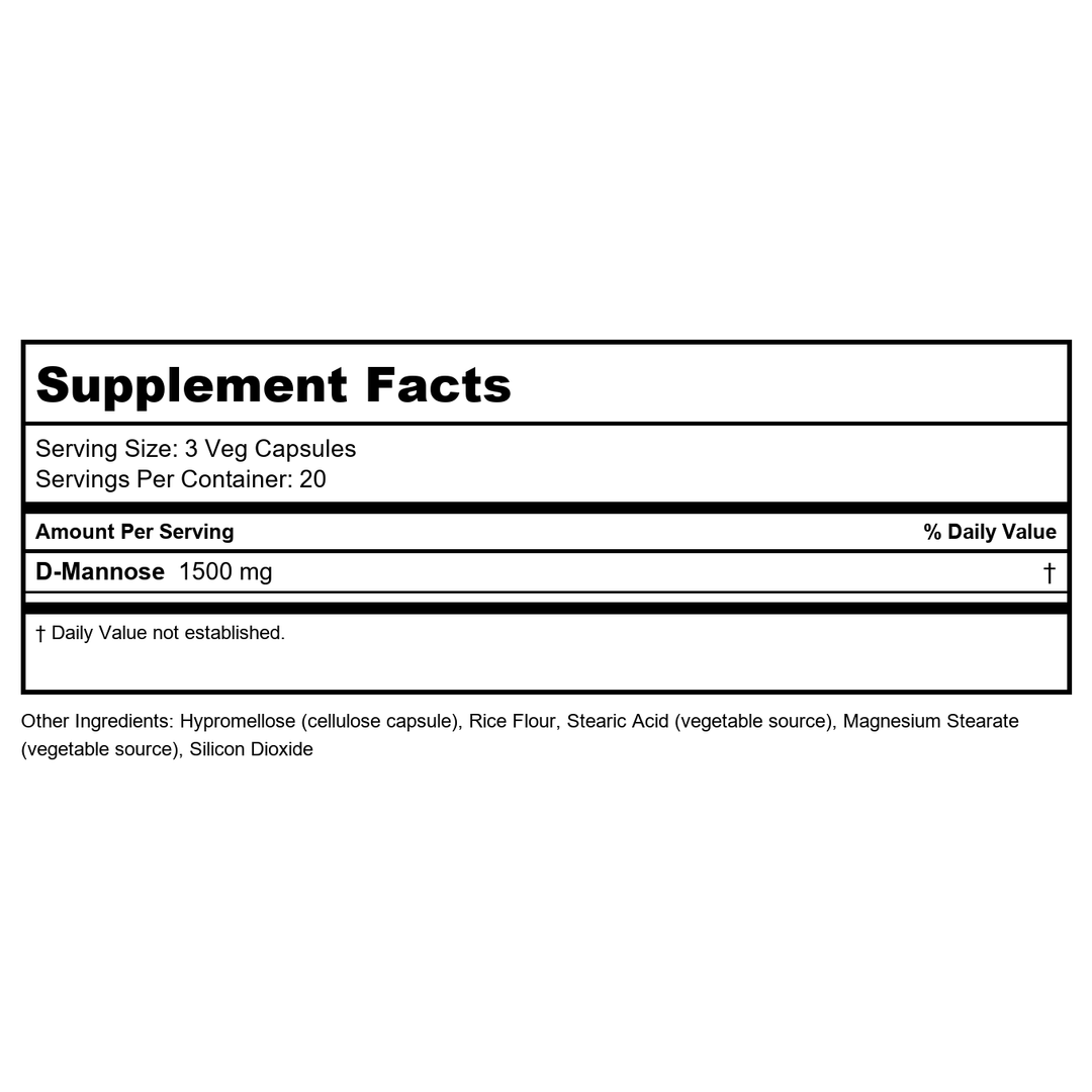NOW Foods Supplements, D-Mannose 500 mg, Non-GMO Project Verified, Healthy Urinary Tract*, 60 Veg Capsules - Supplement Facts panel