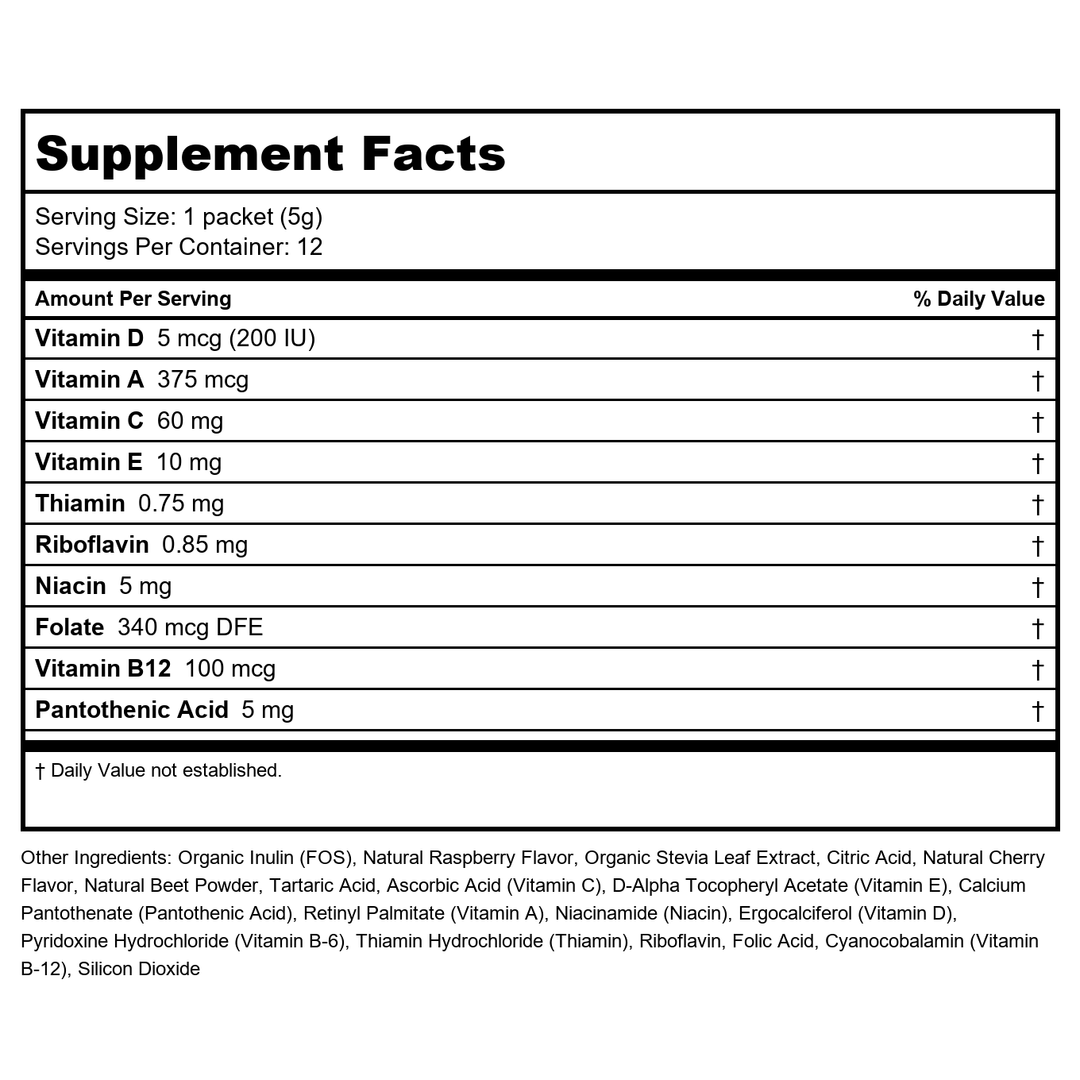 NOW Foods, Slender Sticks, Tropical Punch, 15 Calories Per Stick, Refreshingly Delicious, with Antioxidant Vitamins A,C, E, 12/Box - Supplement Facts panel
