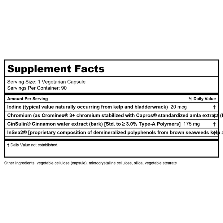 Life Extension CinSulin® with InSea2® and Crominex® 3+, shilajit, amla Fruit, Cinnamon, Brown Seaweed, Supports Healthy Metabolism and Satiety, Gluten-Free, Non-GMO, Vegetarian, 90 Capsules - Supplement Facts panel