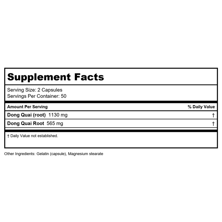 Natures Way Dong Quai Root Capsule, 565 Mg - 100 per pack - 3 packs per case. - Supplement Facts panel