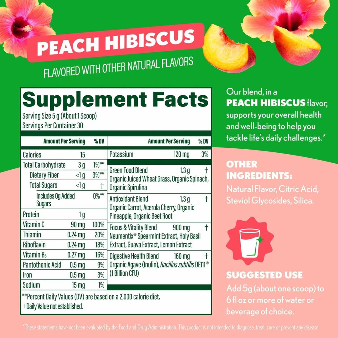 Amazing Grass Sweet Greens and Superfoods Powder for Digestive Health, Greens Powder, Digestive Enzymes, Probiotics, Spirulina, Chlorella, Peach Hibiscus, 30 Servings - Supplement Facts panel