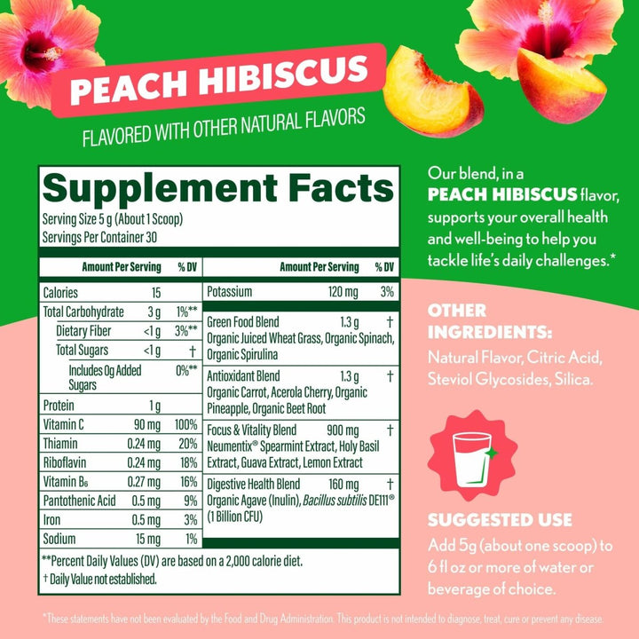 Amazing Grass Sweet Greens and Superfoods Powder for Digestive Health, Greens Powder, Digestive Enzymes, Probiotics, Spirulina, Chlorella, Peach Hibiscus, 30 Servings - Supplement Facts panel