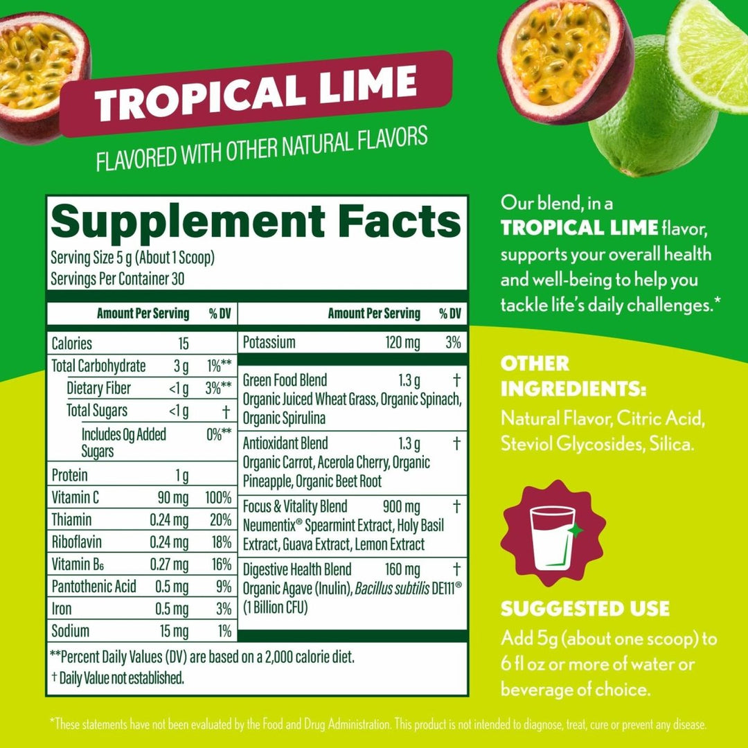 Amazing Grass Sweet Greens and Superfoods Powder for Digestive Health, Greens Powder, Digestive Enzymes, Probiotics, Spirulina, Chlorella, Tropical Lime, 30 Servings - Supplement Facts panel
