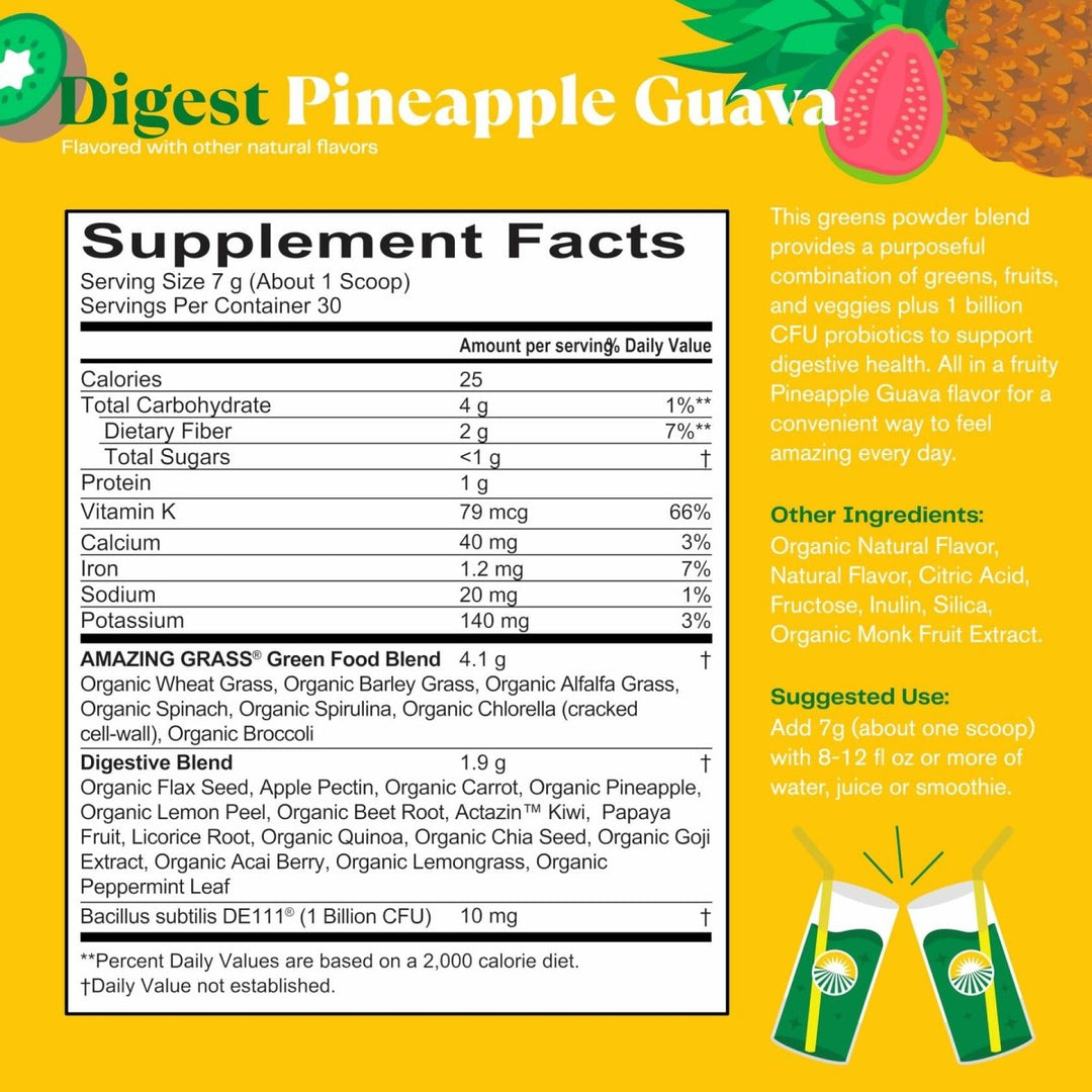 Amazing Grass Greens Blend Digest: Super Greens Powder Smoothie Mix for Digestion Support with Organic Spirulina, Chlorella, Beet Root Powder, Digestive Enzymes &amp; Probiotics, 30 Servings - Supplement Facts panel