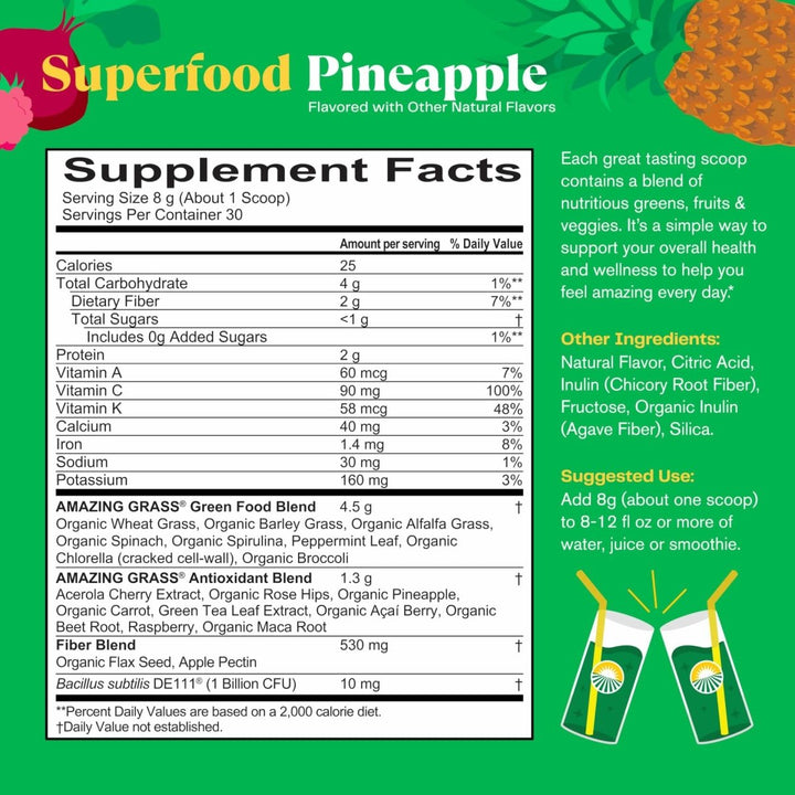 Amazing Grass Greens Blend Superfood: Greens Powder Mix for Vitality, with Organic Spirulina, Chlorella, Beet Root Powder, Digestive Enzymes &amp; Probiotics, Pineapple, 30 Servings (Packaging May Vary) - Supplement Facts panel