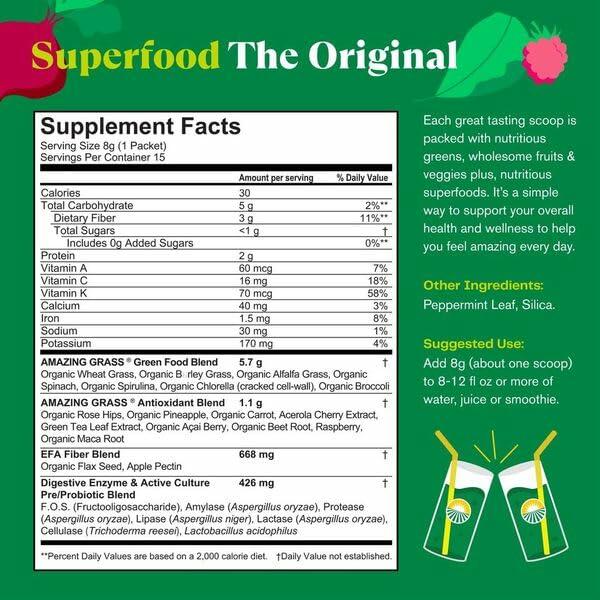 Amazing Grass Greens Blend Superfood: Super Greens Powder Smoothie Mix with Spirulina, Chlorella, Beet Root Powder, Digestive Enzymes, Prebiotics &amp; Probiotics, Original, 15 Servings (Packaging May Vary) - Supplement Facts panel