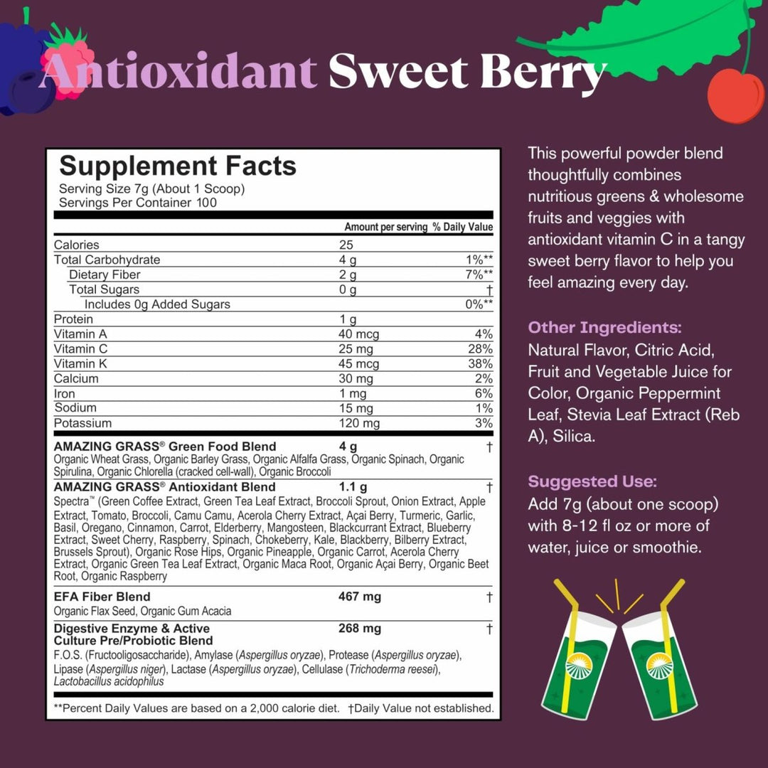 Amazing Grass Greens Superfood Antioxidant: Greens Powder with Organic Spirulina, Beet Root Powder, Elderberry &amp; Probiotics, Sweet Berry, 100 Servings (Packaging May Vary) - Supplement Facts panel