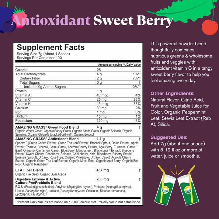 Amazing Grass Greens Superfood Antioxidant: Greens Powder with Organic Spirulina, Beet Root Powder, Elderberry &amp; Probiotics, Sweet Berry, 100 Servings (Packaging May Vary) - Supplement Facts panel