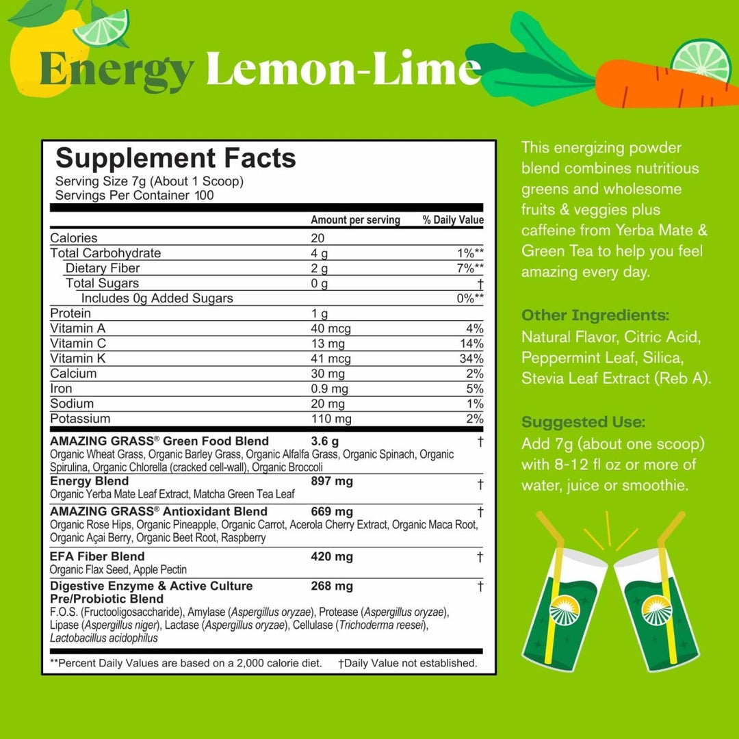 Amazing Grass Green Superfood Energy: Super Greens Powder &amp; Plant Based Caffeine with Green Tea, Beet Root Powder &amp; Flax Seed, Lemon Lime, 100 Servings - Supplement Facts panel