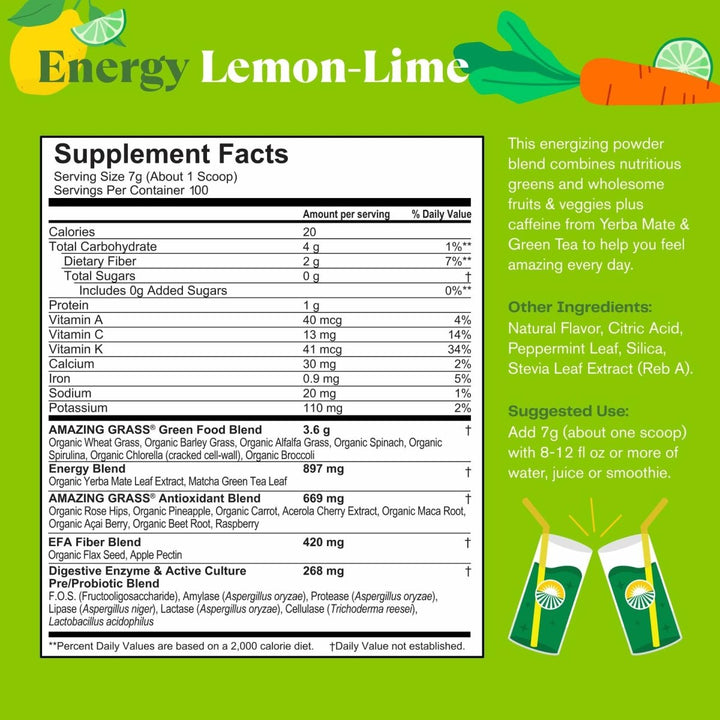 Amazing Grass Green Superfood Energy: Super Greens Powder &amp; Plant Based Caffeine with Green Tea, Beet Root Powder &amp; Flax Seed, Lemon Lime, 100 Servings - Supplement Facts panel