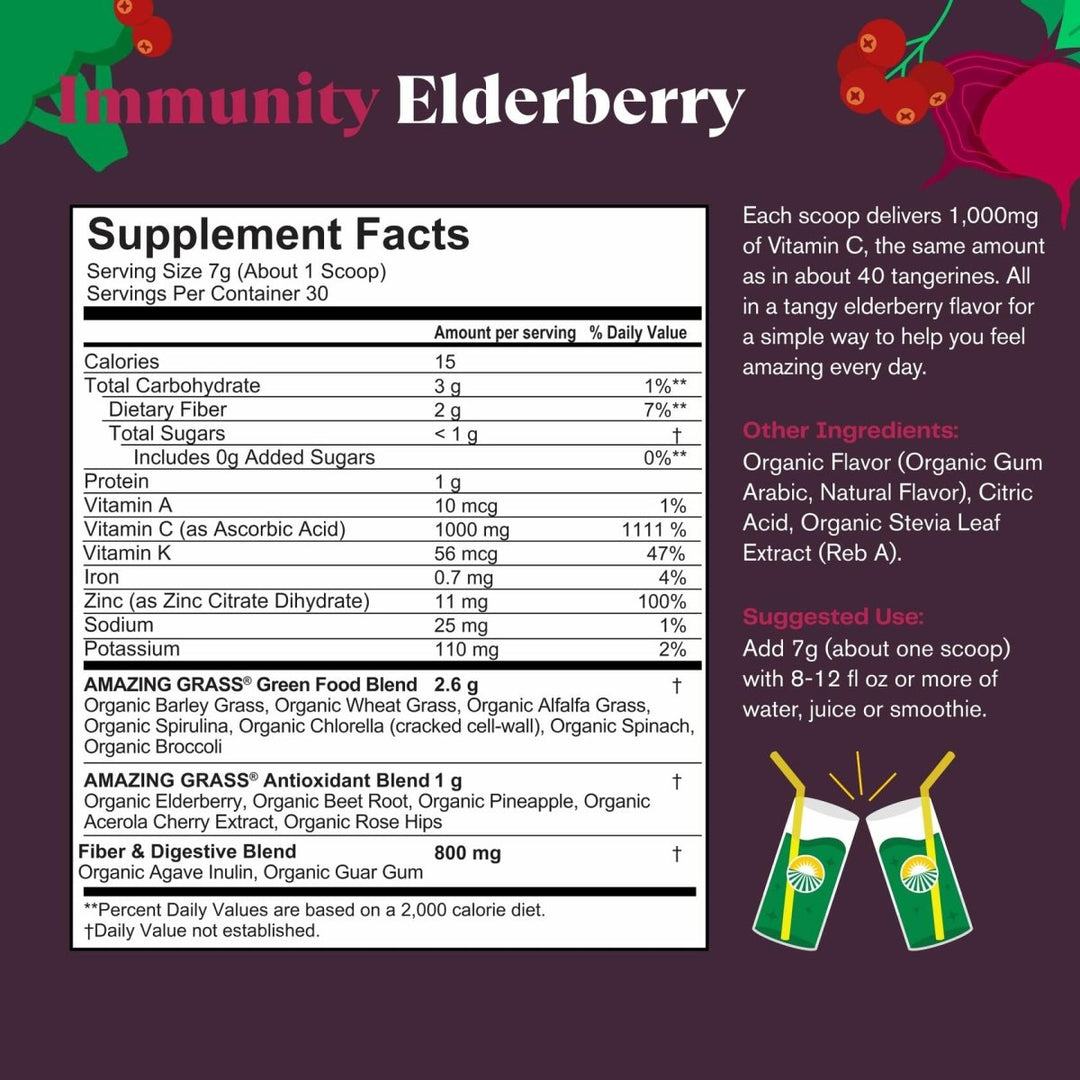 Amazing Grass Greens Blend Superfood for Immune Support: Super Greens Powder Smoothie Mix with Organic Spirulina, Chlorella, Beet Root Powder, Digestive Enzymes &amp; Probiotics, Original, 30 Servings - Supplement Facts panel