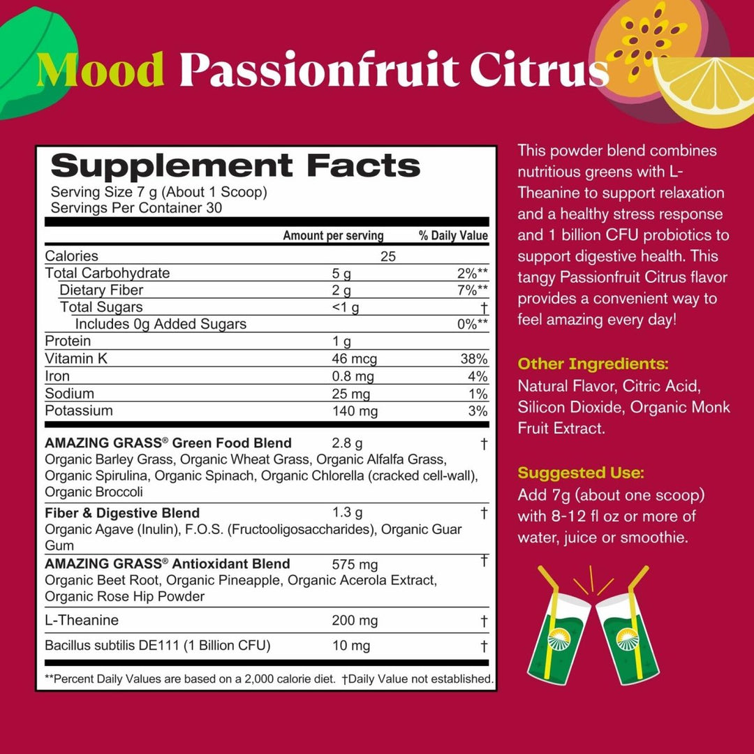 Amazing Grass Greens Blend Mood: Super Greens Powder Smoothie Mix for Mood, Relaxation &amp; Stress Support with Organic Spirulina, Chlorella, Beet Root Powder, Digestive Enzymes &amp; Probiotics, 30 Servings - Supplement Facts panel