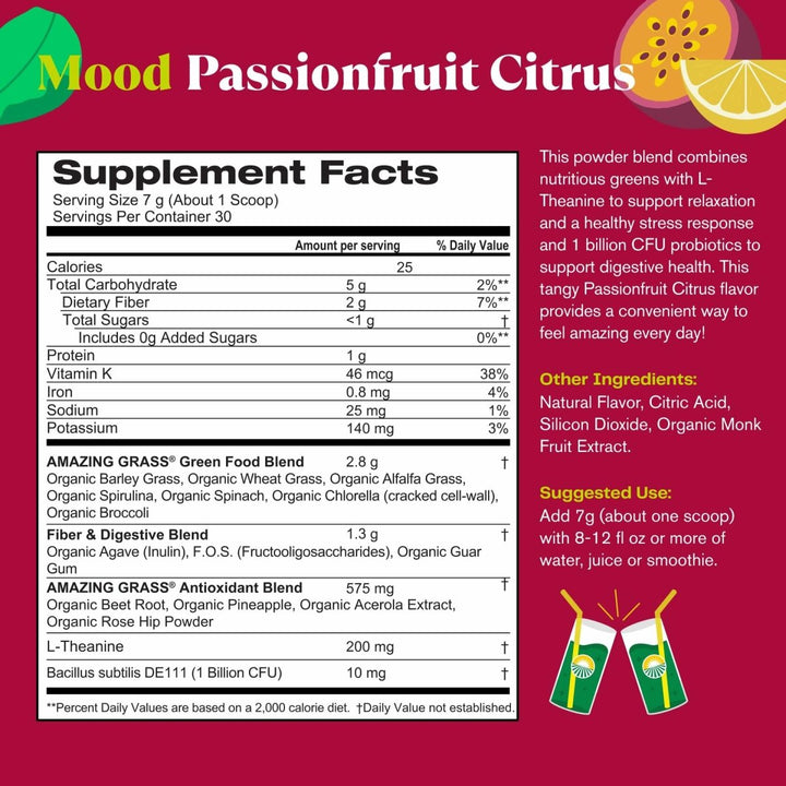 Amazing Grass Greens Blend Mood: Super Greens Powder Smoothie Mix for Mood, Relaxation &amp; Stress Support with Organic Spirulina, Chlorella, Beet Root Powder, Digestive Enzymes &amp; Probiotics, 30 Servings - Supplement Facts panel
