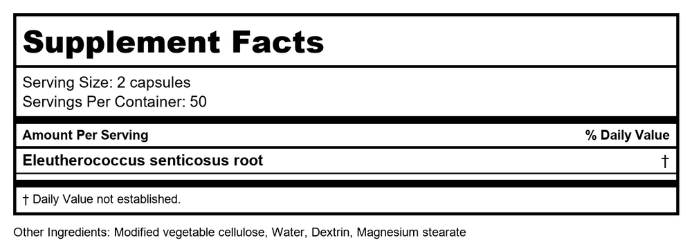 Plum Flower Eleuthero Root Capsules, Concentrated Extract - Wu Jia Shen, Siberian Ginseng, 100 Veggie Caps by MayWay - Supplement Facts panel