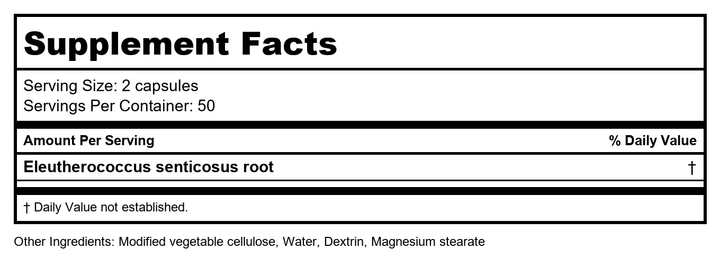 Plum Flower Eleuthero Root Capsules, Concentrated Extract - Wu Jia Shen, Siberian Ginseng, 100 Veggie Caps by MayWay - Supplement Facts panel