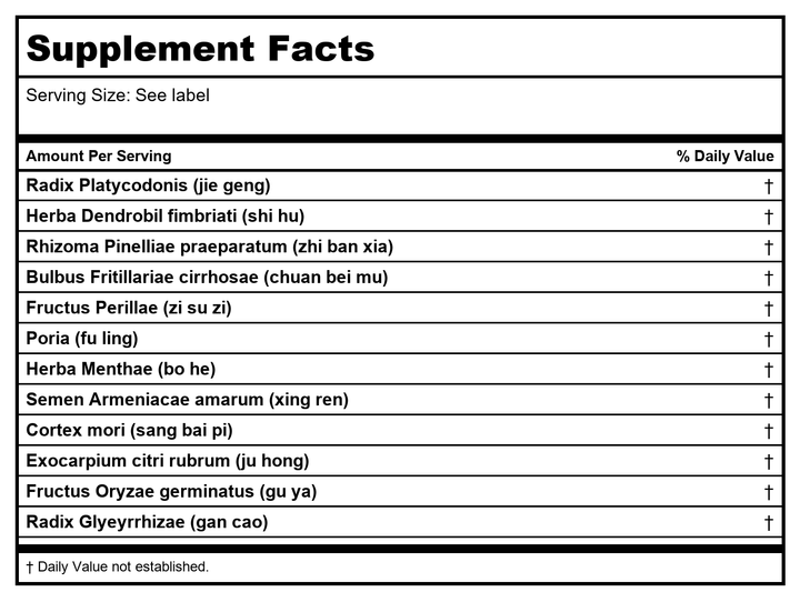 Sun Ten - Fritillaria &amp; Platycodon Formula Granules/Ning Sou Wan/寧嗽丸 - Supplement Facts panel