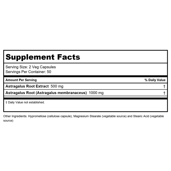 Now Foods Astragalus 500 mg - 100 Caps 2 Pack - Supplement Facts panel