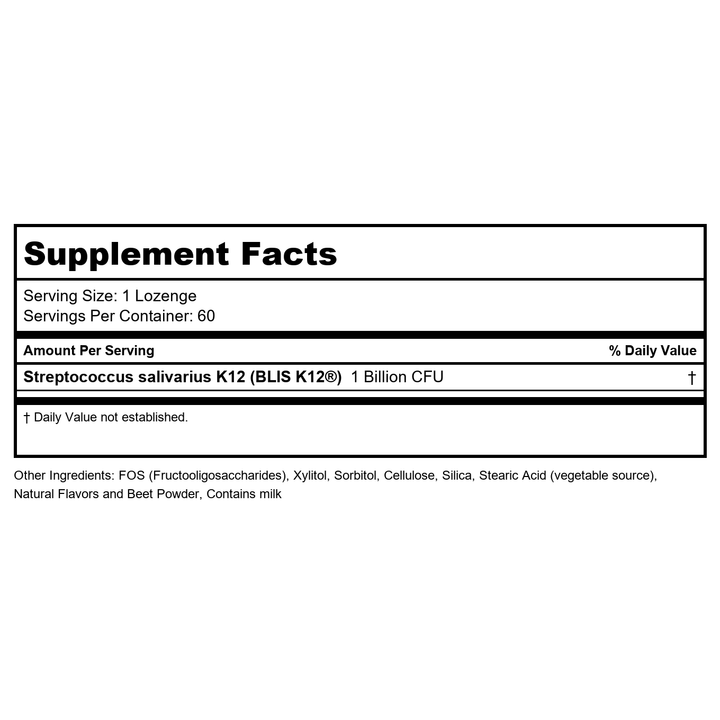 NOW Foods - Oralbiotic Blis K12(R) 60 Loz (Pack of 4) - Supplement Facts panel