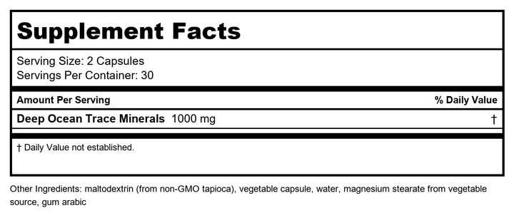 NutraMedix Deep Ocean Trace Minerals 1,000mg - Mineral &amp; Energy Supplements - Magnesium, Zinc, Potassium, Boron, Phosphorus &amp; Manganese - Electrolyte Support (60 Capsules) - Supplement Facts panel